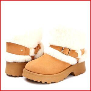 Furry Winter Boots Block Heel Platform Snow Booties Slip-On Comfort